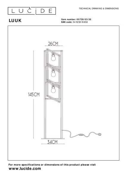 Lucide LUUK - Vloerlamp - 3xE27 - Zwart - technisch